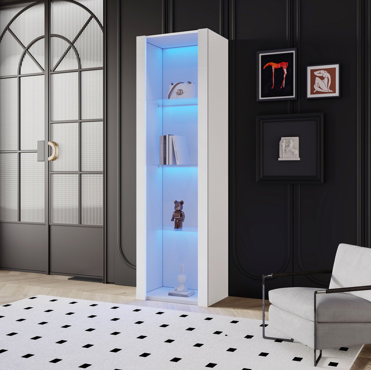 MEUNIQ vitrinekast 55 x 38 x 166 cm met LED-verlichting, 3 glazen planken, hoogglans witte open kast voor woonkamer, slaapkamer of kantoor