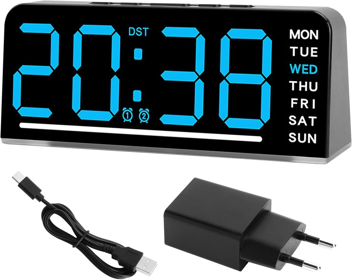Thijox - Digitale wekker met grote cijfers, dubbel alarm, dimbaar nachtlampje, temperatuurweergave, datum en weekdag, USB-C-kabel en EU-stekker, moder