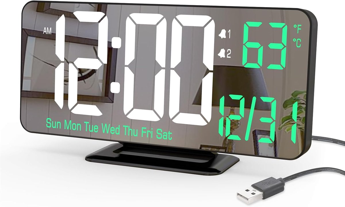 Thijox - KOSUMOSU 6,7 inch zwarte digitale wekker met dubbel alarm, dimbare LED klok, datum, dag van de week, temperatuur, 12/24 uur voor tafeldecorat