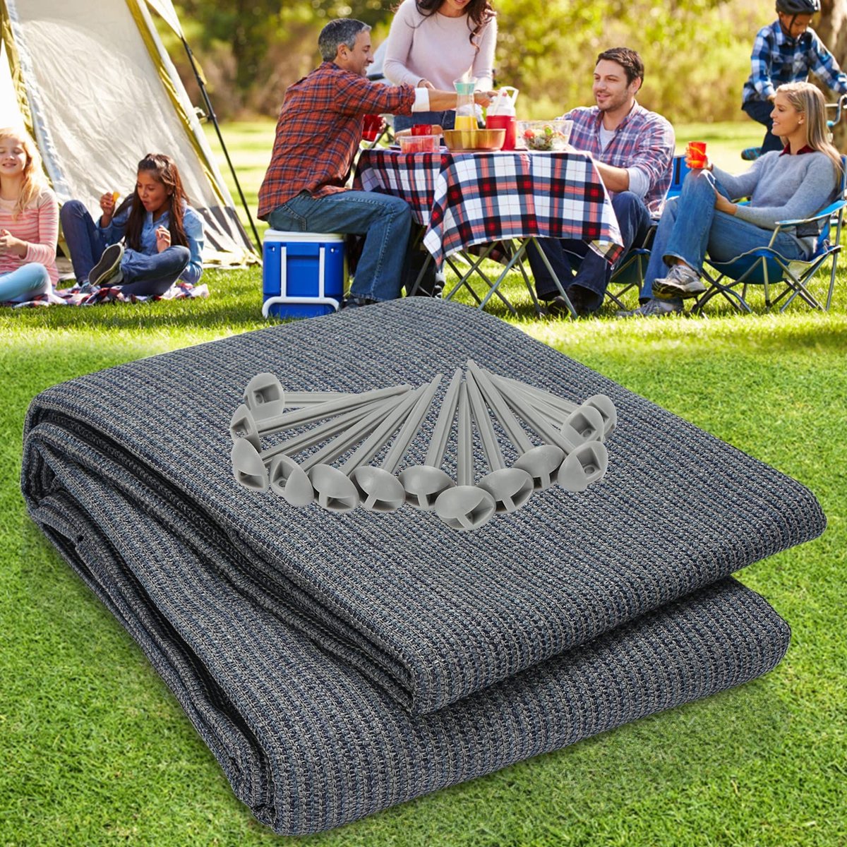 Dailygoods- Tenttapijt 100% HDPE - Multifunctioneel Buitenkleed - Campingtapijt met 13 Haringen - Wasbaar - Waterdoorlatend - Draagtas inbegrepen - Campingkleed