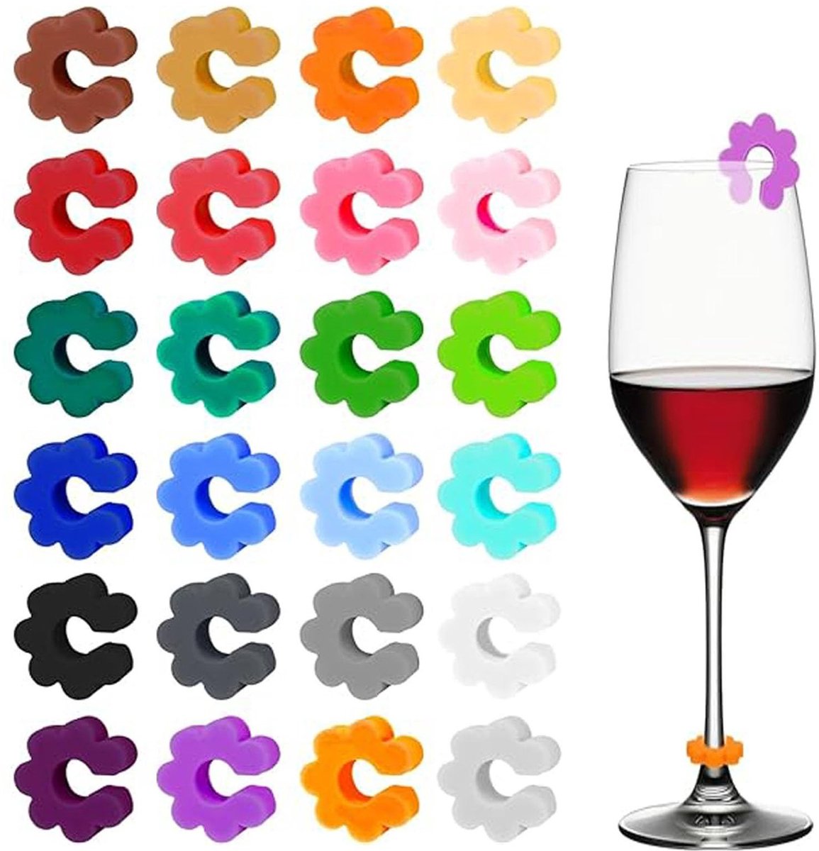 Dailygoods- Wijnglas Etiketten 24 Stuks - Siliconen Glasmarkers - Feestdecoratie - Veelkleurig - 2x2 cm - Herbruikbaar en Duurzaam