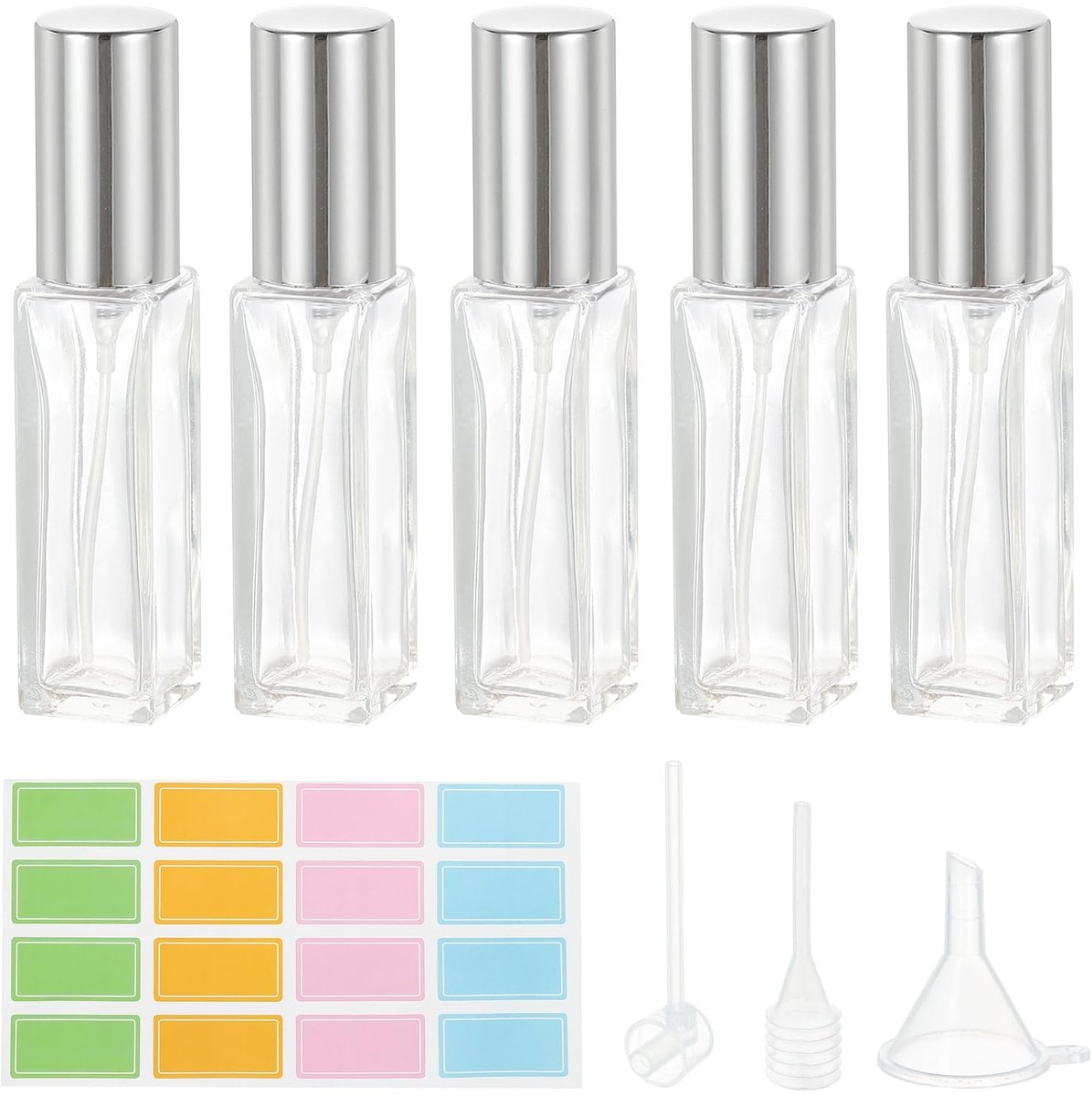 Dailygoods- Reisparfumfles 5 Stuks 10 ml - Navulbare Parfumdispenser - Fijne Nevel Sproeier - Met Labels - Inclusief Trechter/Pipet - Geschikt voor Etherische Oliën
