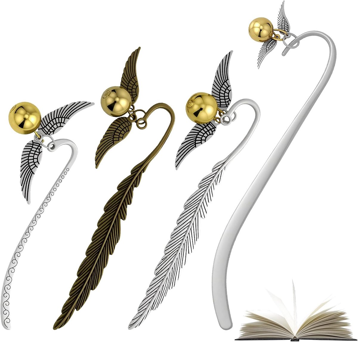Dailygoods - Magische Veer-Boekenleggers - 4 Stuks in Goud en Zilver