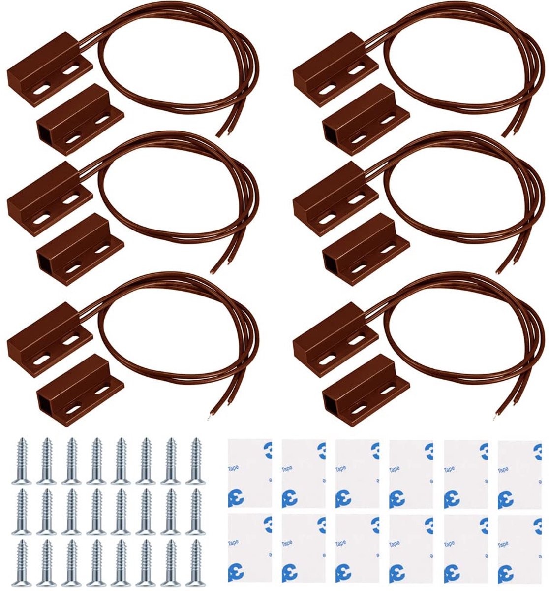 Thijox - 6 Stuks Bruin Bedraad Magnetische Schakelaar Deur Raam Contact Sensor Alarm, Reed-schakelaar, Schakelaar Dicht bij Magneet, Circuitverbinding