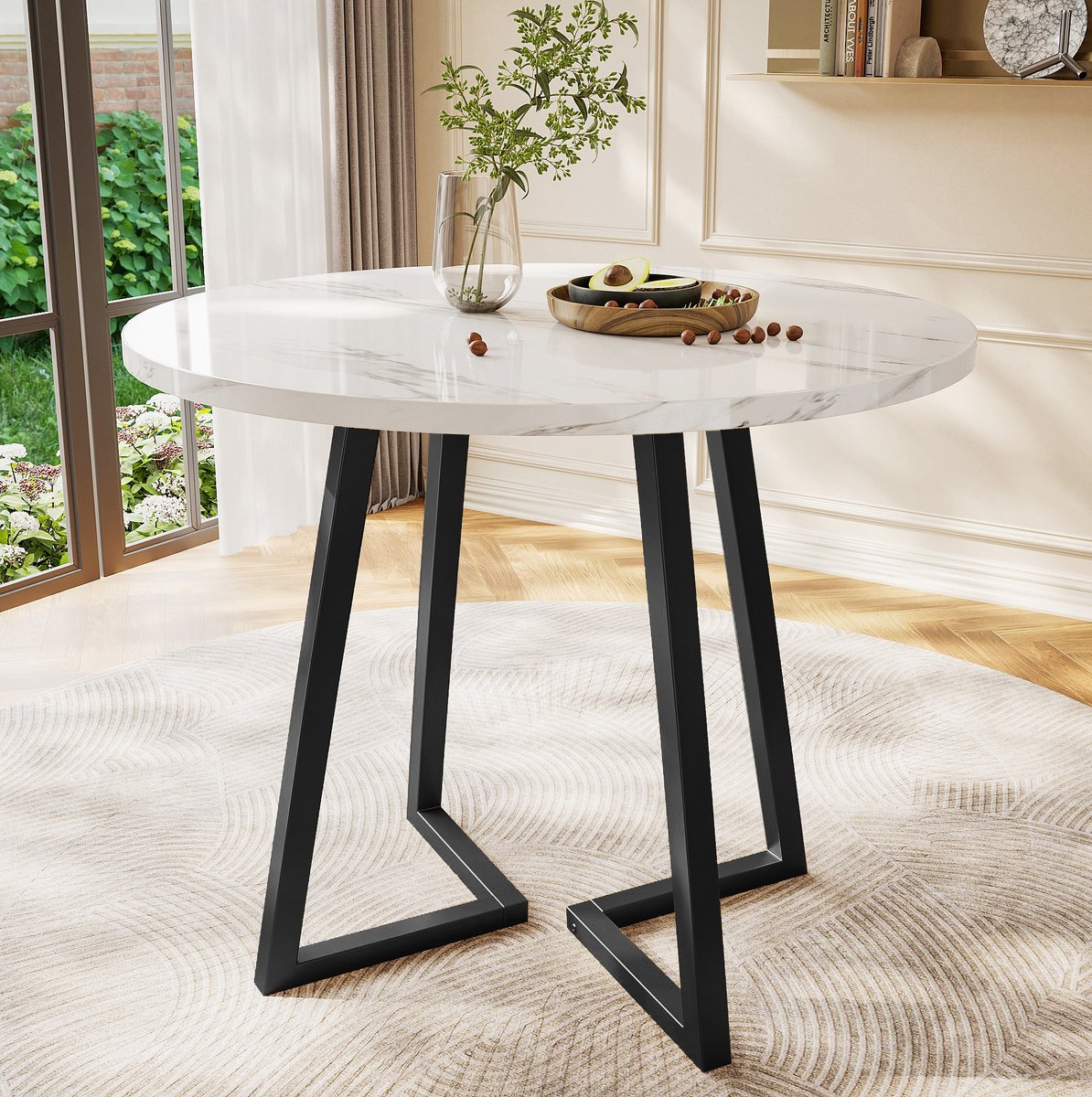 HAUSS SPOLE Eettafel - Ronde Tafel Met Marmerlook En Metalen Onderstel - Voor Eetkamer Keuken En Woonkamer - Wit Zwart - 80x75 Cm