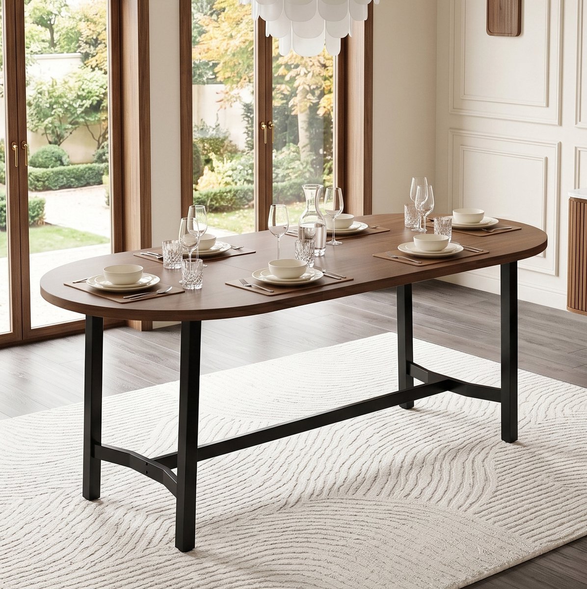 HAUSS SPOLE Eettafel - Grote Tafel Voor 6 Tot 8 Personen Met Afgeronde Hoeken - Voor Eetkamer En Gezinsmaaltijden - MDF En IJzer - 180x80x75 Cm - Walnootkleur