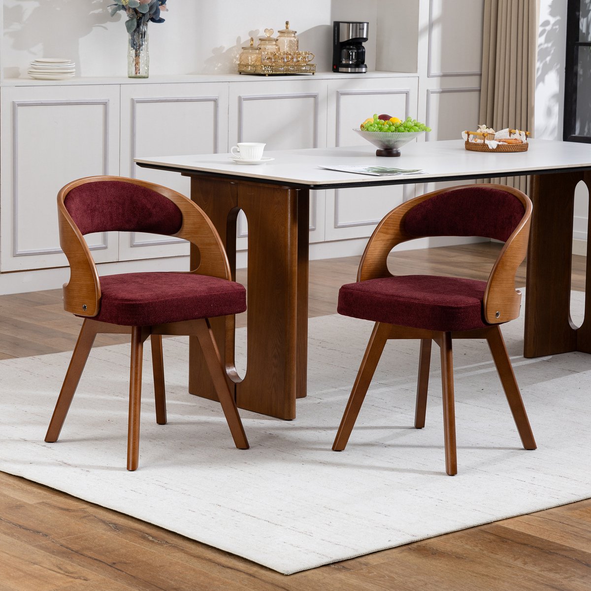 DESMIU Eetkamerstoel 44 x 41 x 75 cm - Draaibaar 360 Graden Met Gewatteerde Zitting - Voor Eetkamer En Cafe - Hout En Stof - Bordeauxrood