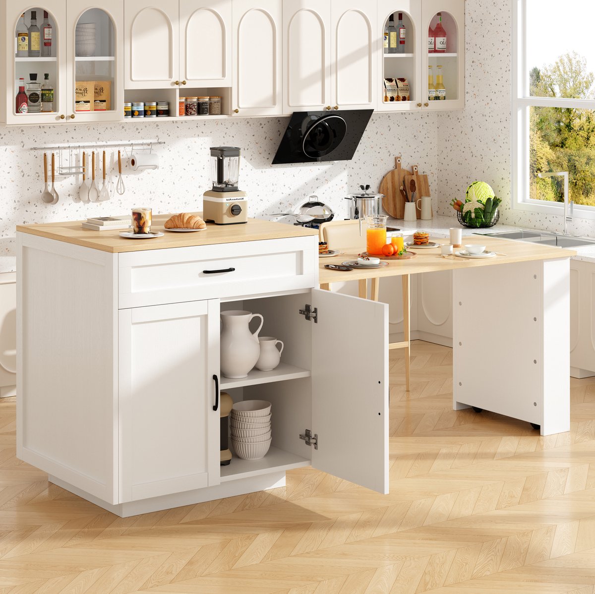 DESMIU Bartafel - Uitschuifbaar Met Opbergruimte En Wielen - Voor Keuken En Eethoek - MDF