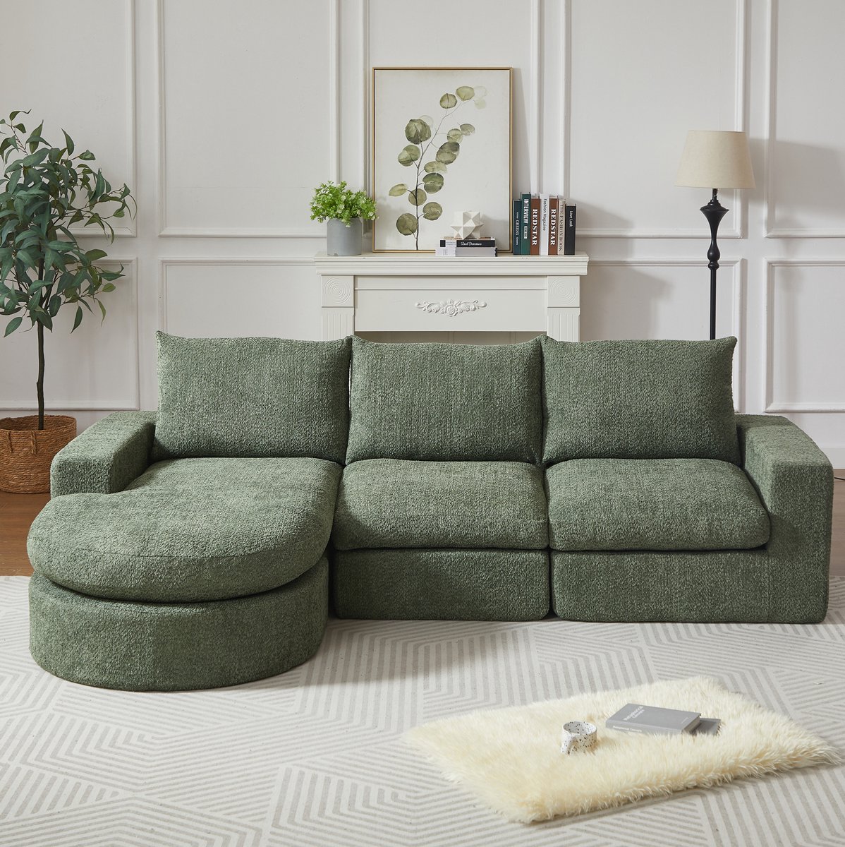 FloraGrace Hoekbank 250 x 160 x 80 cm - Modulaire 3-Zits Met Omkeerbare Chaise Longue - Chenille - Groen