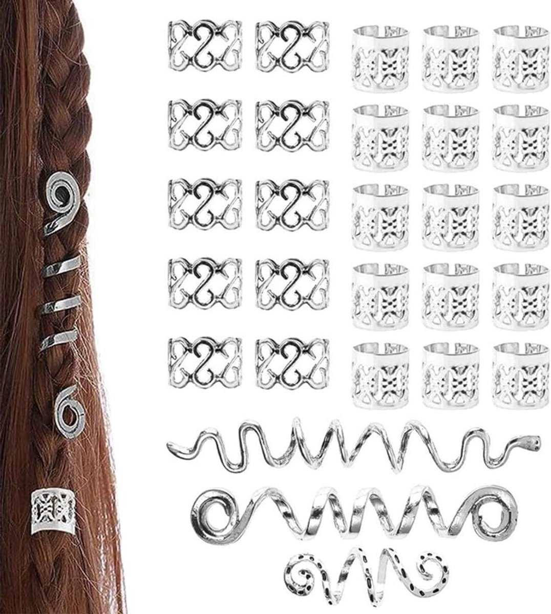 Dreadlocks Sieraden Set - Haarspiralen Clips - Kapsels Creëren - Verstelbare Manchetten - 28 Stuks - Zilver