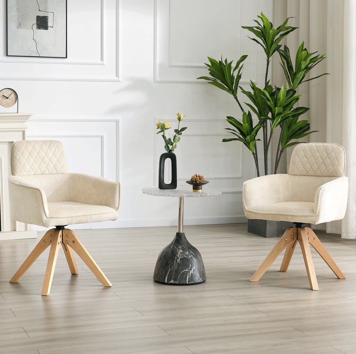 Set Van 2 360 Draaibare Eetkamerstoelen Met Armleuningen – Cremewit Geruit Gestikt – Voor Eetkamer En Open Keuken – Stof Met Houten Poten