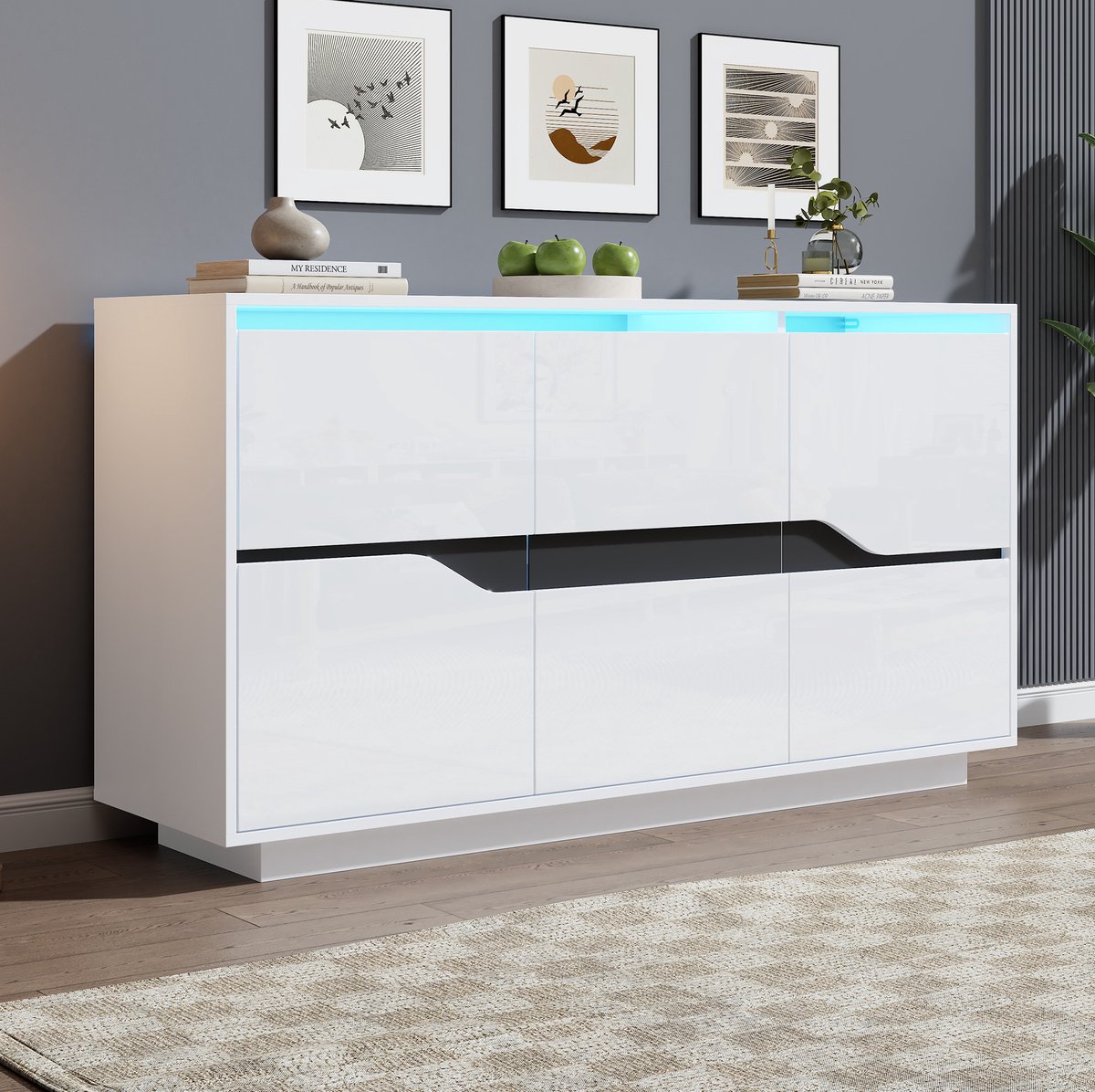 HAUSS SPOLE Dressoir - Hoogglans Opbergkast Met LED En Verstelbare Planken - Voor Woonkamer - Spaanplaat - 140x40x70 Cm - Wit Zwart