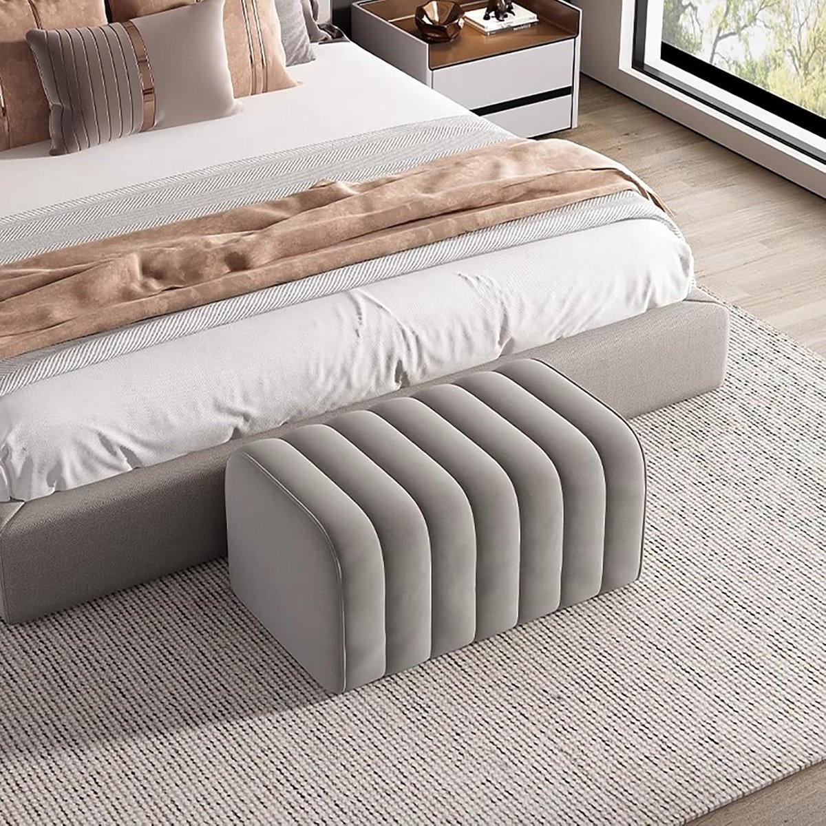 Fluwelen Bedbankje - Ottomaanse Bank - Extra Zitplaats - Gecapitonneerd Design - 60x40x40cm - Grijs