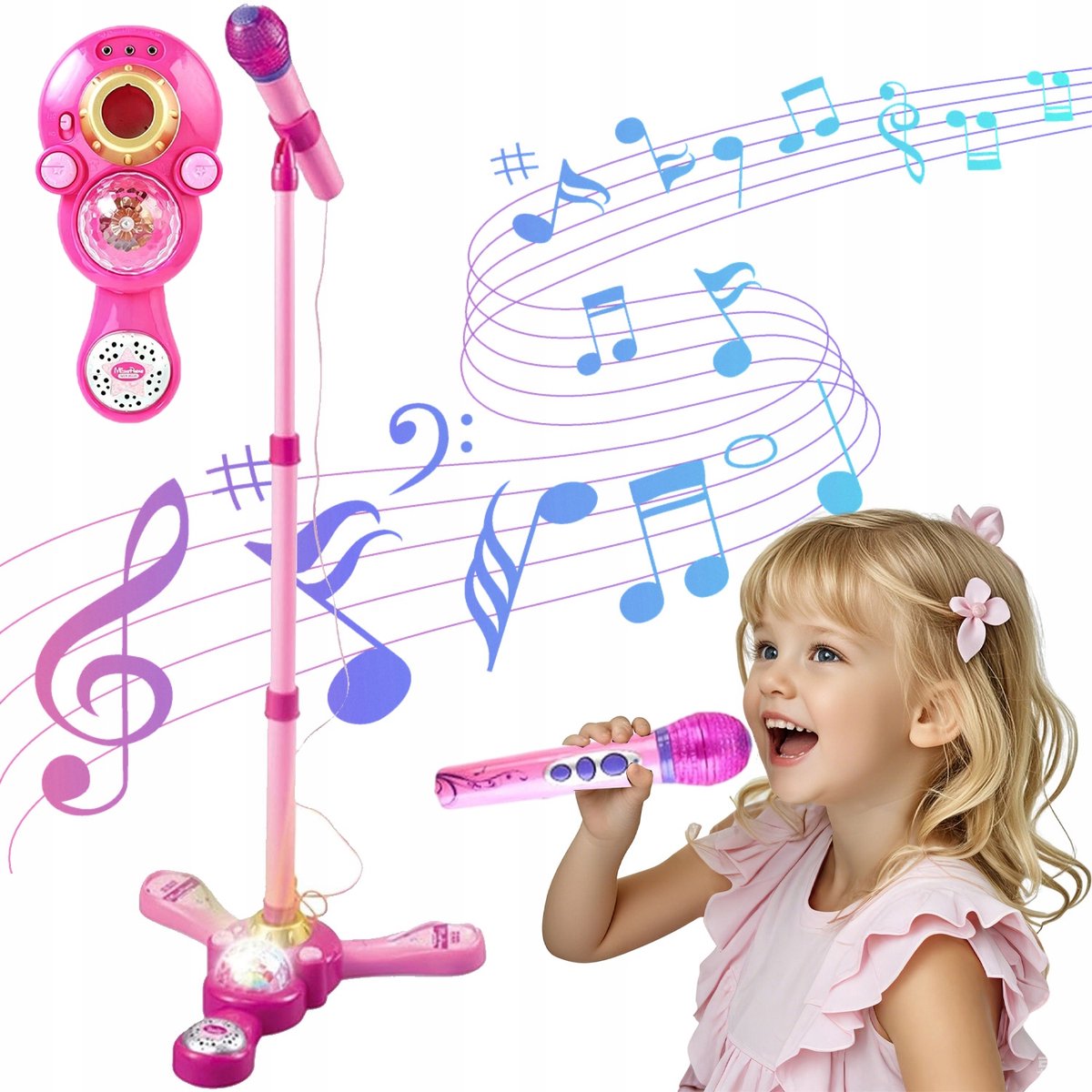 Kinderkaraokemachine - Kinder Staande Karaoke Microfoon - Karaoke Set - Verstelbare Standaard & Podiumlicht - 40–90cm - Geluidseffecten & AUX - Veilig ABS - Voor Thuis & Feestjes