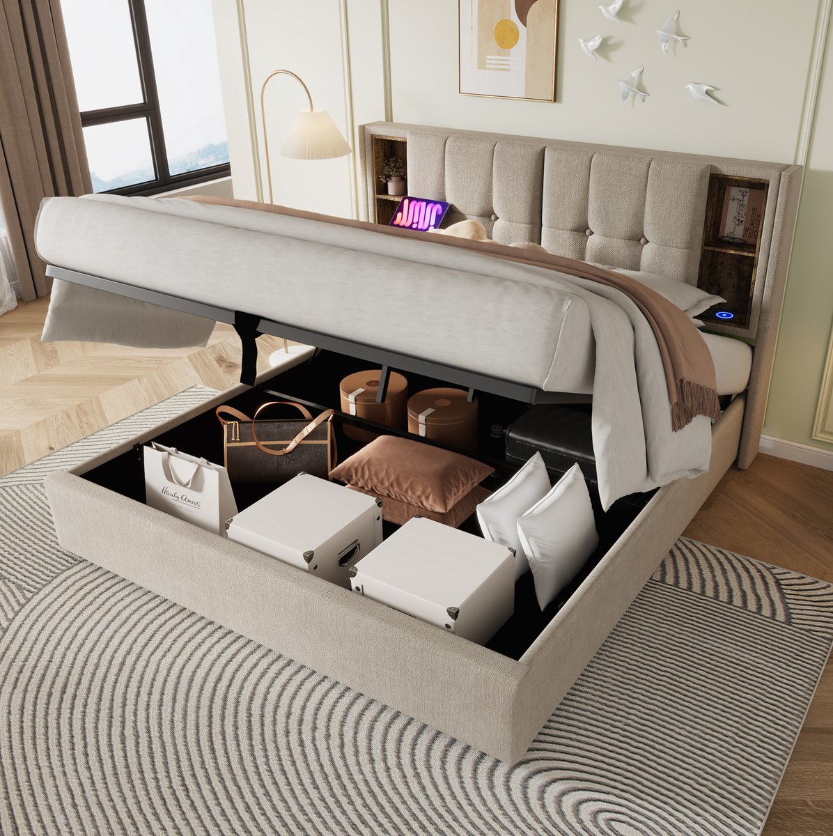 MEUNIQ tweepersoons bedframe 140x200 cm met opbergruimte, draadloos opladen, USB en USB-C, stoffen bed met lattenbodem en open vakken voor de slaapkamer, naturel Natuurlijk