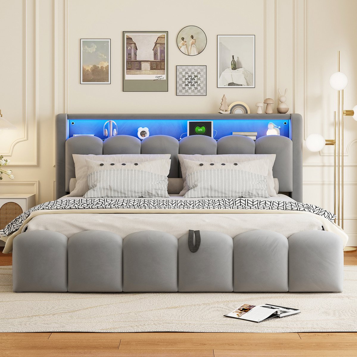 MEUNIQ gestoffeerd tweepersoonsbed 180x200 cm met hydraulische opbergruimte, hoofdbord met opbergvak, LED, USB en USB-C, fluwelen bedframe slaapkamer grijs