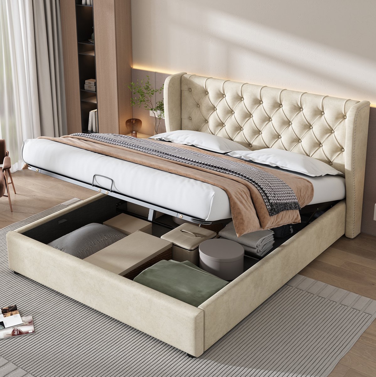 MEUNIQ gestoffeerd tweepersoonsbed 160x200 cm met hydraulische opbergruimte, lattenbodem, hoog hoofdbord met ruitstiksel en oorvormige zijkanten, beige