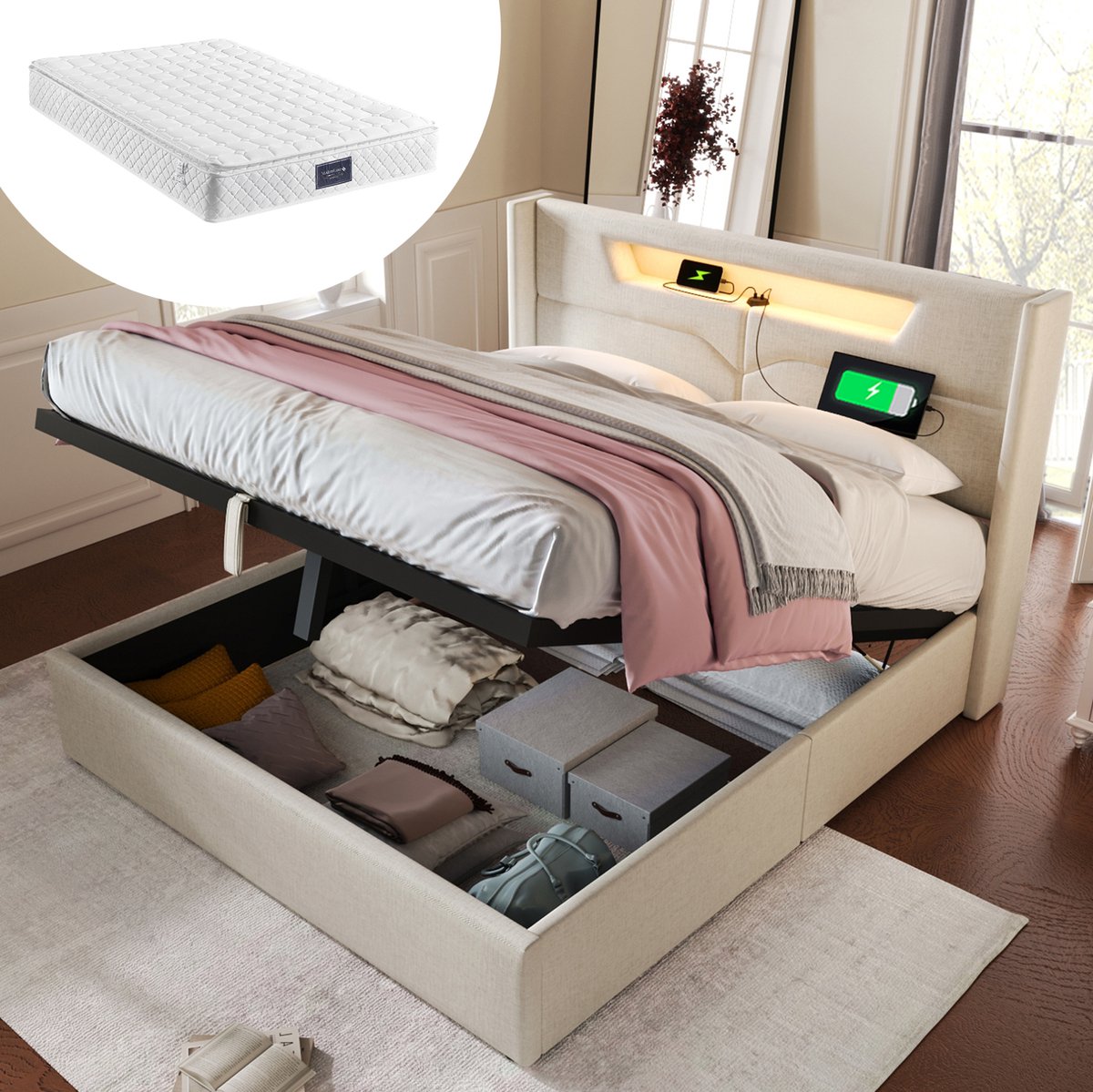 MEUNIQ tweepersoons opbergbed 160x200 met LED-verlichting, USB en Type-C aansluiting, gestoffeerd bedframe met lattenbodem en gasveer opbergruimte voor slaapkamer, beige
