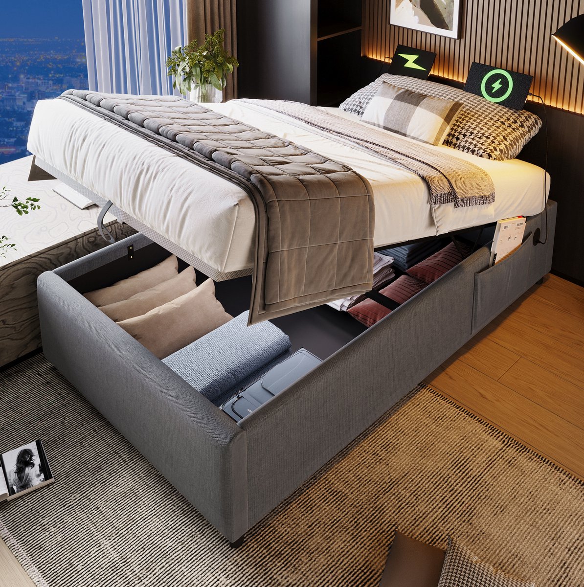 MEUNIQ eenpersoons bedframe met opbergruimte 90x200 cm, grijs stoffen bed zonder hoofdbord met USB-C en Type-C, houten bedbodem, slaapkamer