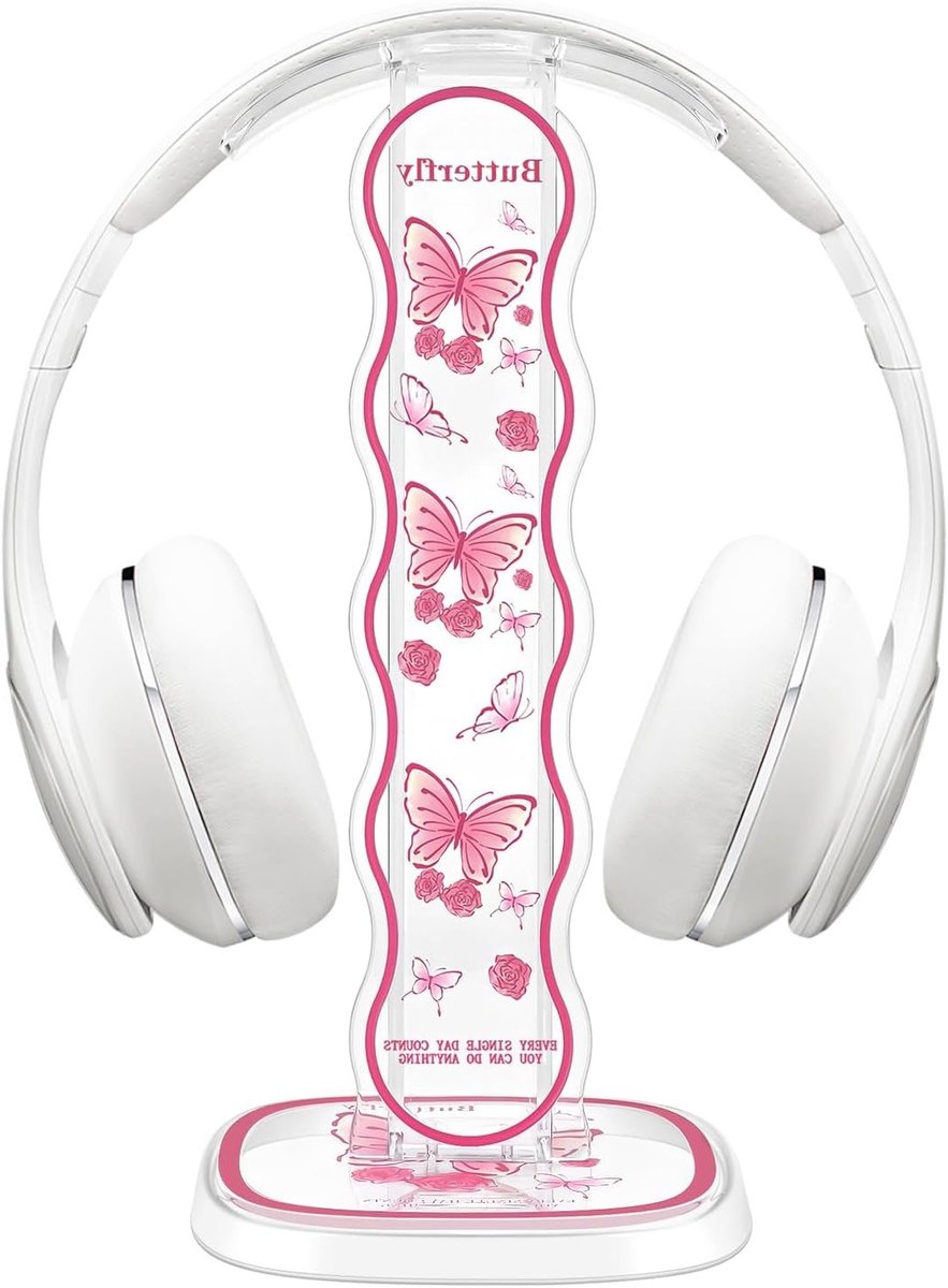 Stabiele Hoofdtelefoonstandaard met Afneembare Draagbare Desk Holder, Roze Vlindertekening voor Vrouwen, Acryl Hoofdtelefoonhouder voor Gaming, Muziek en Thuisgebruik