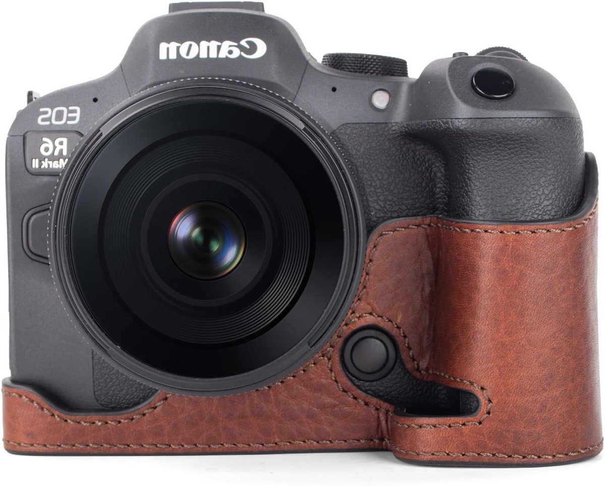 Hoesje voor Canon EOS R6 III Spiegelloze Camera - Premium Echt Lederen Halve Hoes met Batterijvak en Handgreep, Bruin, Retro Stijl, Bescherming en Functionaliteit