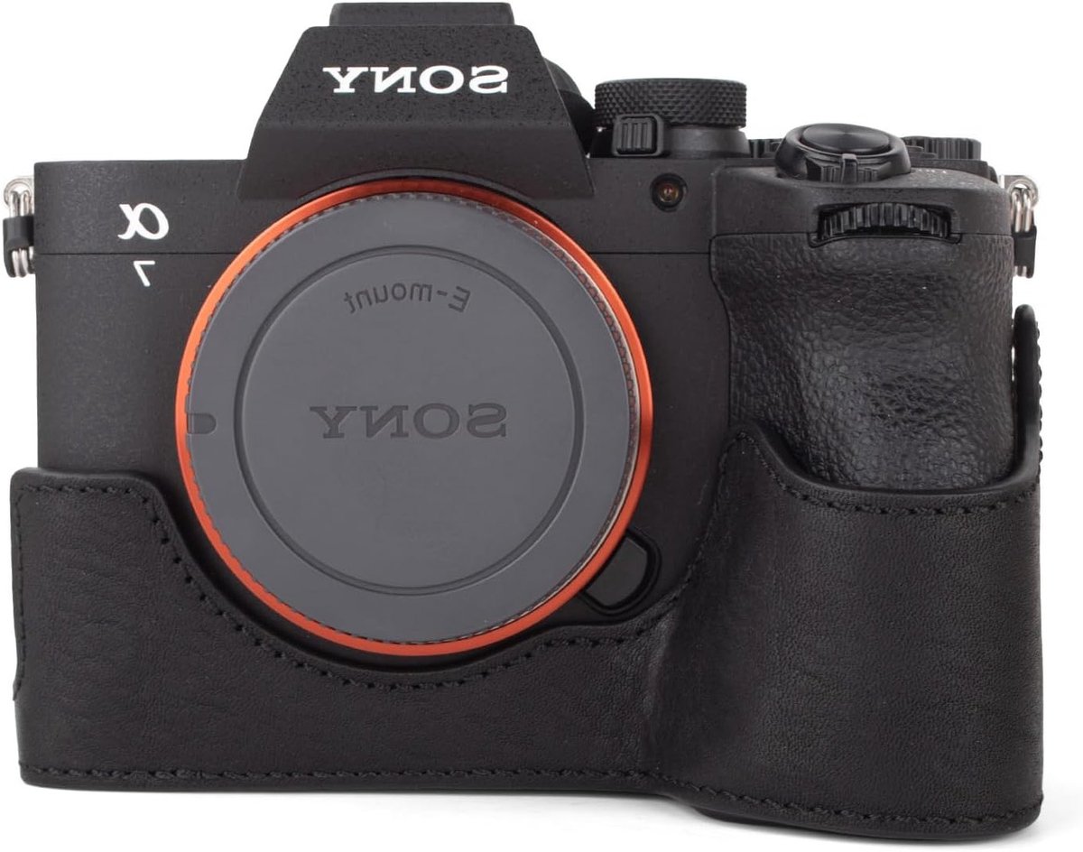 Half leren cameratas voor Sony A7R V/A7 IV - Retro design, batterijcompartiment en handvat, zwart, bescherming en stijl