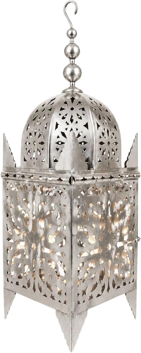 Oosterse lantaarn - Decoratieve windlicht - Sfeervol verlichten - Handgemaakt metaalwerk - 65 cm hoog - Zilver