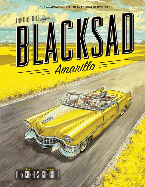 Boekcover van Blacksad Amarillo, met een gele oldtimer op een landweg, bestuurd door een kat met een hoed.