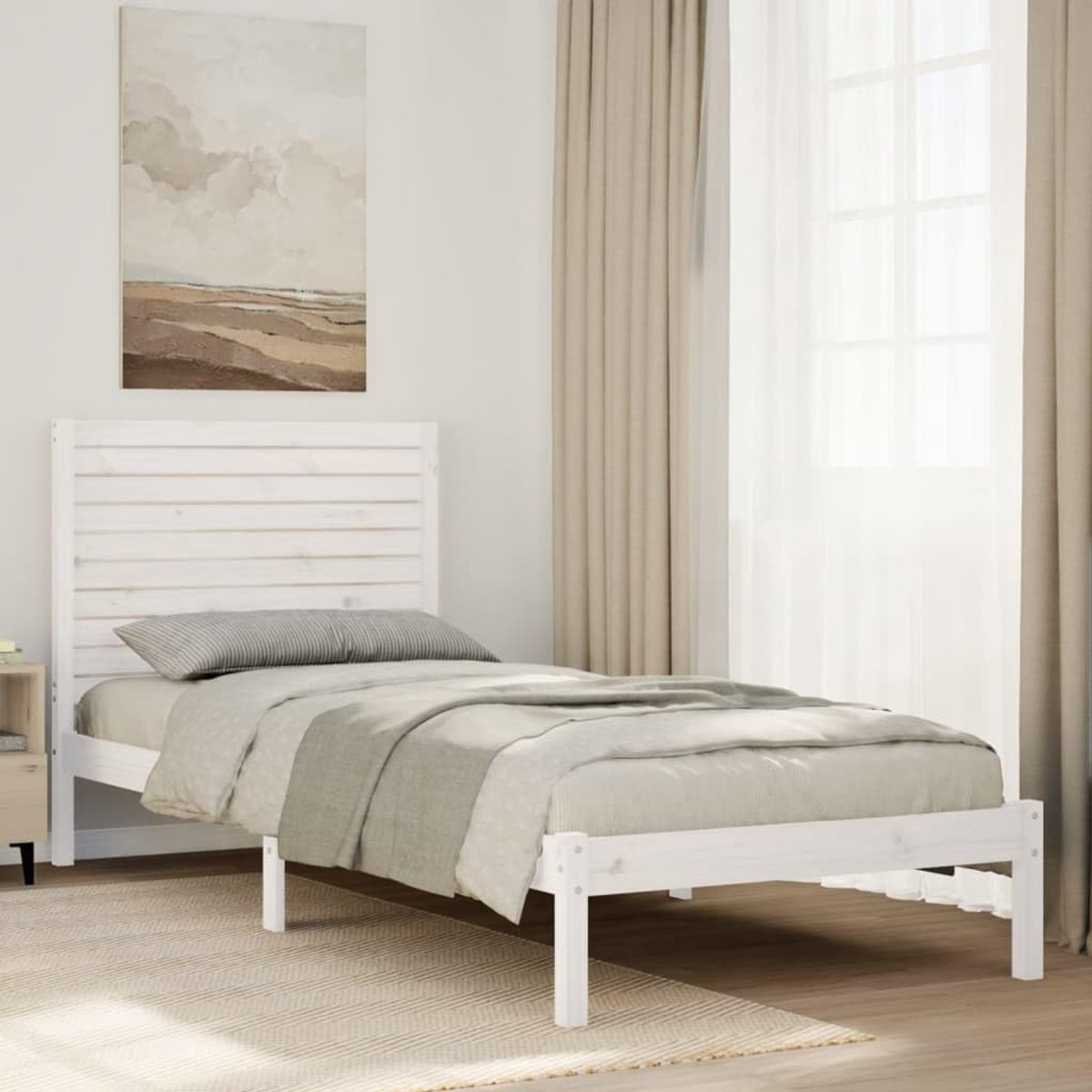 Massief Houten Bed - Extra Lang Frame - Rustgevende Slaap - Met Opbergruimte - 90x210 cm - Wit