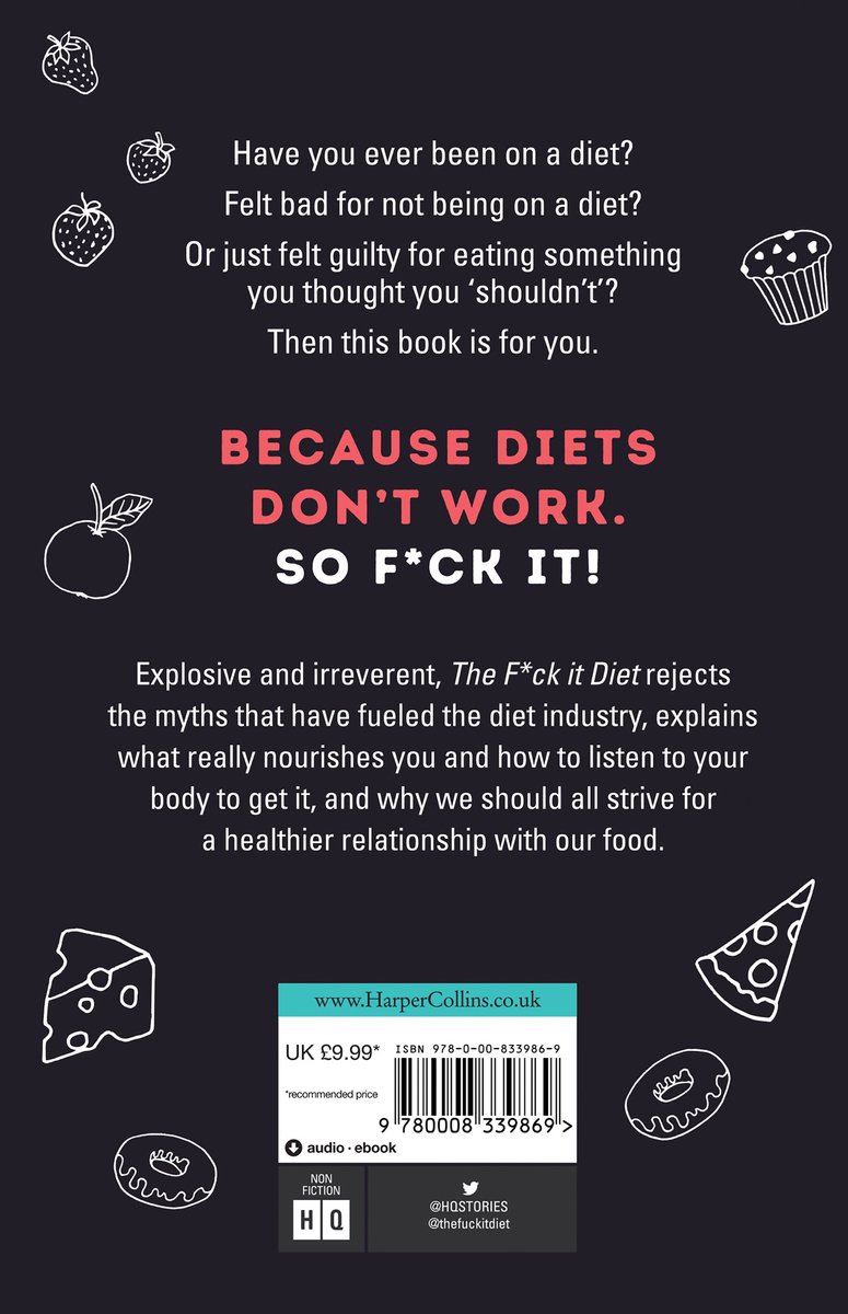 Boek met de tekst 'Because Diets Don't Work. So F*ck It!' in grote letters, met illustraties van fruit, gebak en kaas.
