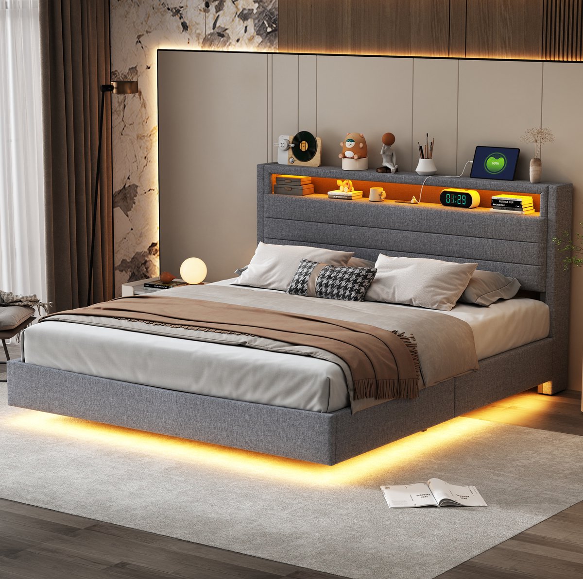MEUNIQ tweepersoons gestoffeerd opbergbed 160x200 cm met hydraulische opbergruimte, draaibaar hoofdbord, USB-aansluiting, LED-verlichting en lattenbodem voor slaapkamer grijs