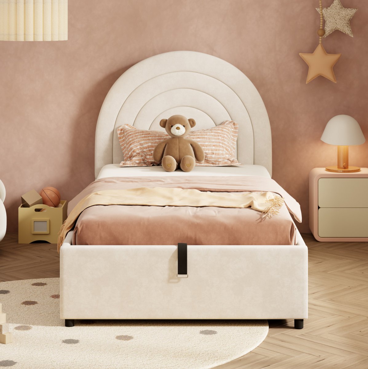 MEUNIQ eenpersoonsbed 90x200 cm met lattenbodem, gestoffeerd hoofdbord en hydraulische opbergruimte, kinderbed of jeugdbed voor slaapkamer, beige
