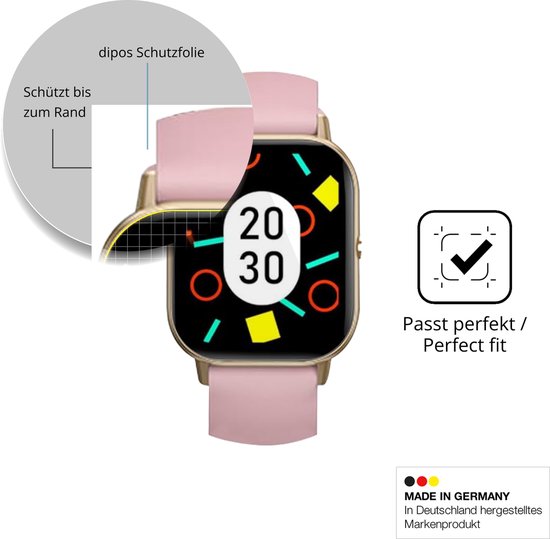 Gouden smartwatch met roze band, wijzerplaat met kleurrijke geometrische figuren, productinformatie en detail van beschermfolie.