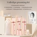 Compleet roze ladyshave set met alle accessoires, inclusief opbergzak en oplader.