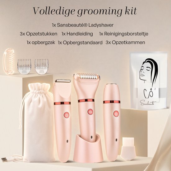 Compleet roze ladyshave set met alle accessoires, inclusief opbergzak en oplader.