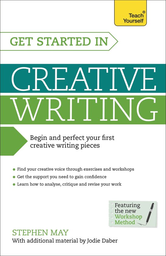 Boek 'Get Started In Creative Writing' met gele, groene en witte letters. Bevat "Teach Yourself" logo en informatie over schrijven.