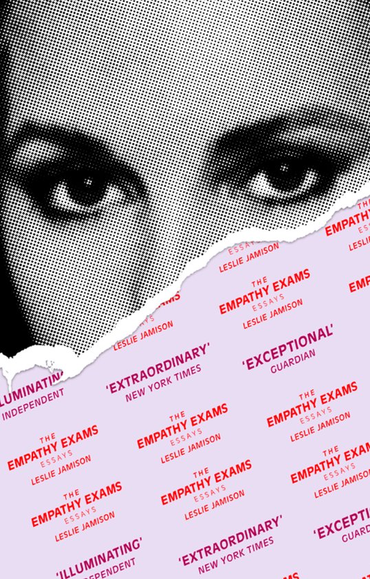 Boek kaft met rasterpatroon van ogen, met herhalende tekst 'THE EMPATHY EXAMS ESSAYS LESLIE JAMISON'.