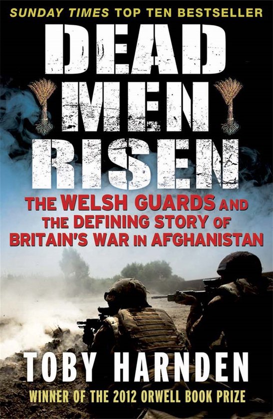 Boek kaft: 'Dead Men Risen', over de Welsh Guards in Afghanistan. Drie soldaten in gevechtstenue op de voorgrond.