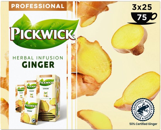 Pickwick Professional kruidenthee Gember. Doos met 3x25 theezakjes (75 stuks) met gemberstukjes.