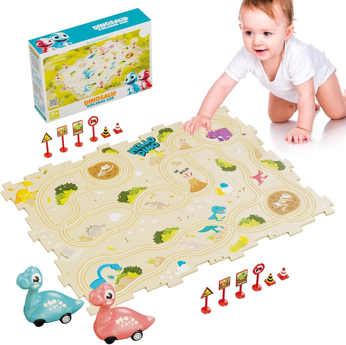 Puzzel Racebaan - Dinosaurusbaan - Creatief Spelen - Bramenvrij Ontwerp - 22 x 16 x 6 cm - Multicolor
