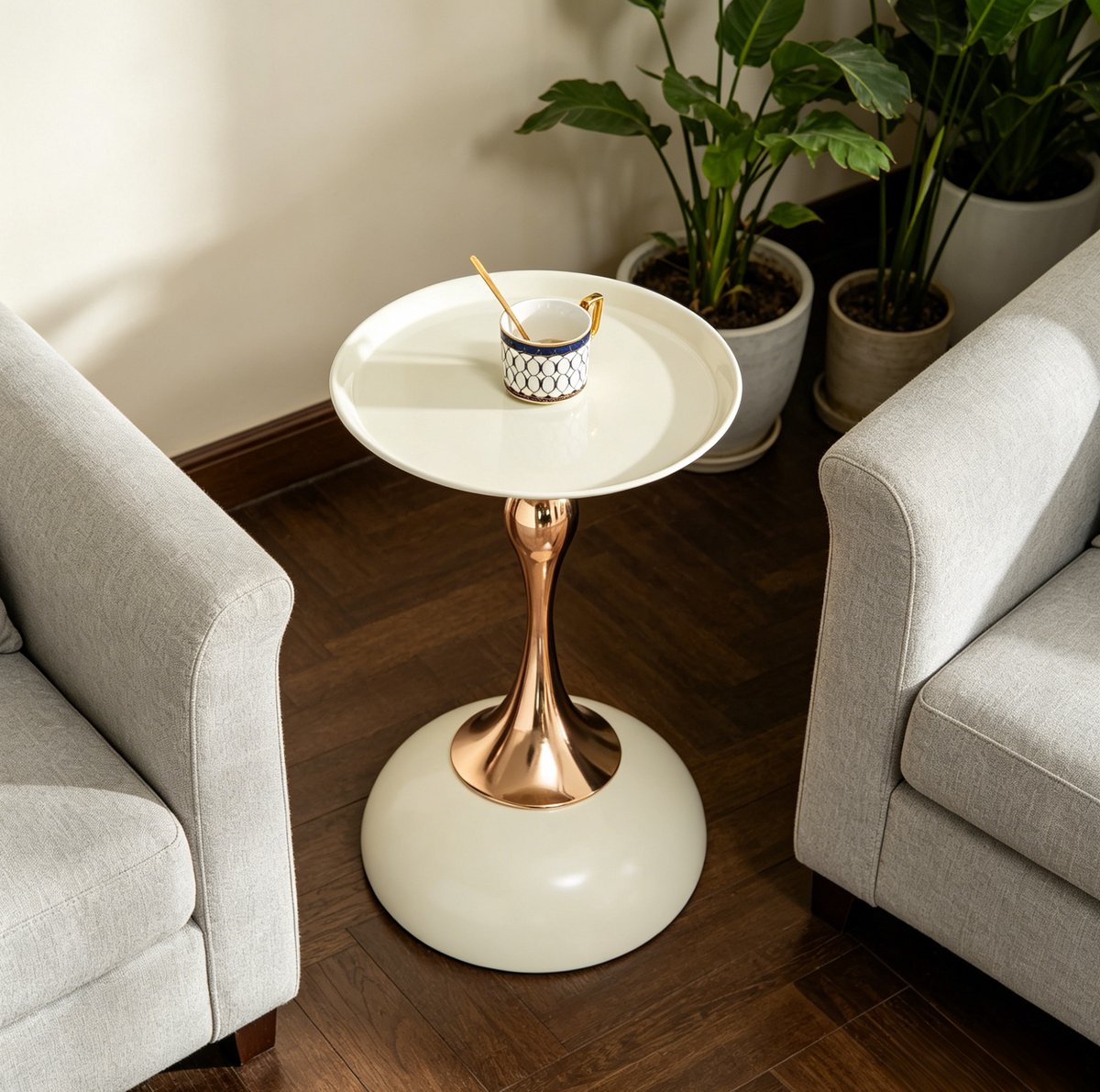 HAUSS SPOLE Bijzettafel - Rond Met Metalen Blad En Voet - Voor Woonkamer Slaapkamer En Balkon - Koolstofstaal Wit Goud - 38x38x54 Cm