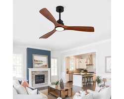 HAUSS SPOLE Plafondventilator Met Verlichting – 132 cm – 3 Walnoothouten Bladen – Metaal En Hout – Zwart En Donker Walnoot – Stille DC Motor