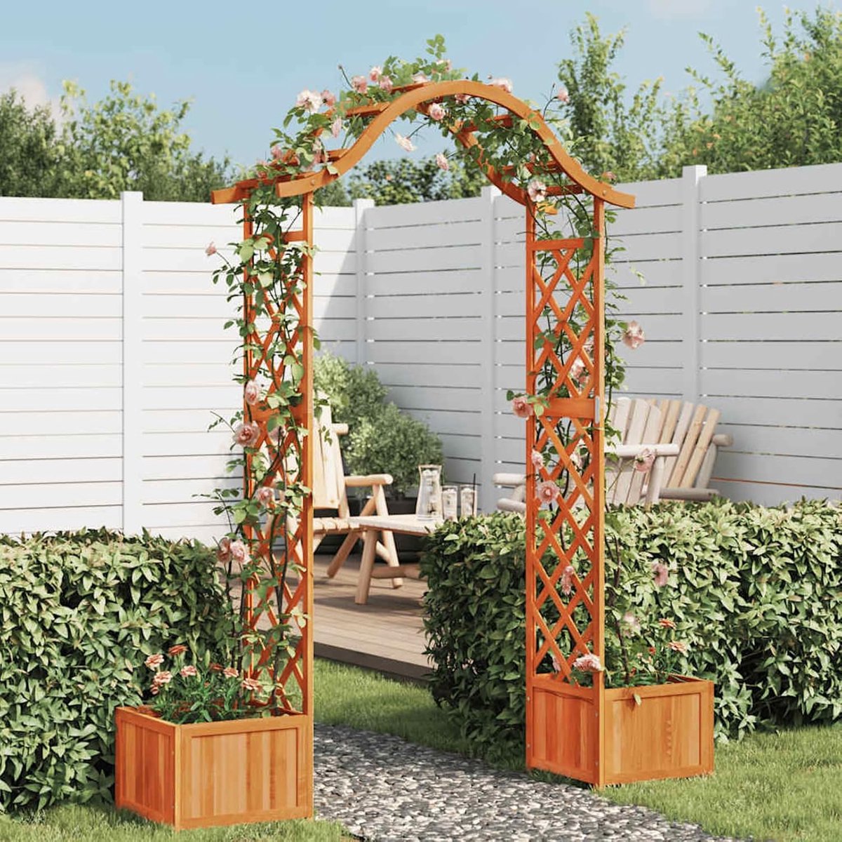 Houten Rozenboog - Tuinboog Pergola - Tuindecoratie Klimplanten - Met Geïntegreerde Plantenbakken - 175x40x204 cm - Houtkleur