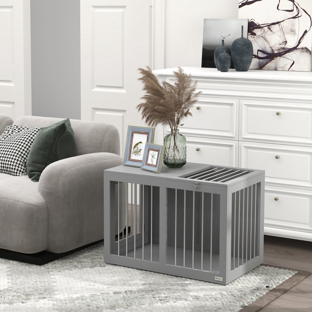 MODENUIT Hondenbench – 80 x 50 x 56,5 cm – 2 Deuren – Staal en MDF – Grijs – Vergrendelbaar