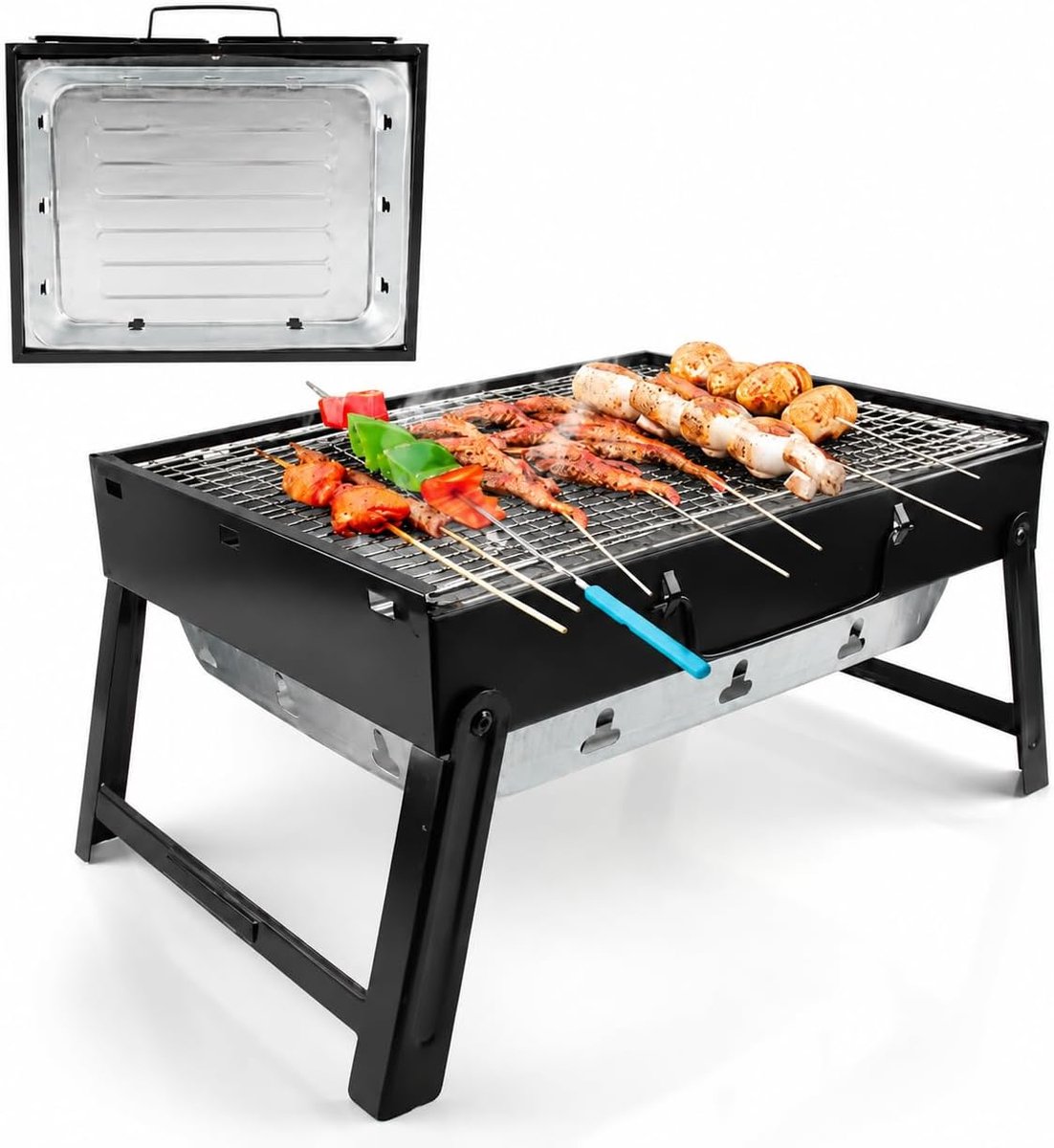 SnelShoppen - Draagbare RVS Houtskool Grill, BBQ Grill voor Buiten, Camping, Tuin, Feest, Inclusief Grillrooster, Vouwbaar en Eenvoudig te Monteren