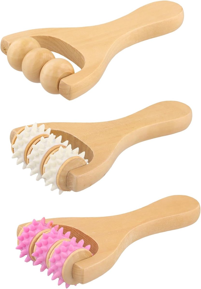 SnelShoppen - 3 Houten Wielen Handmassage Apparaten - Massagegereedschap van Hout - Handgreep - Diepweefmassage voor Ontspanning van Dijen, Benen, Han