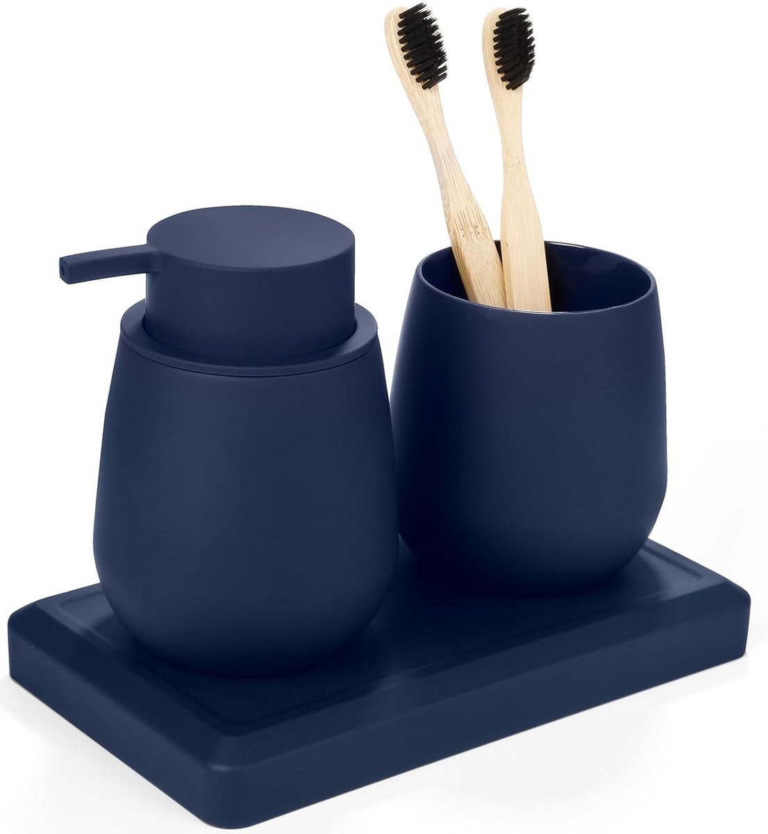 SnelShoppen - Modern Bathroom Accessory Set 3-delig met Zeepdispenser, Tandenborstelhouder & Organisatie Tray - Blauw, Minimalistisch Design, Duurzaam
