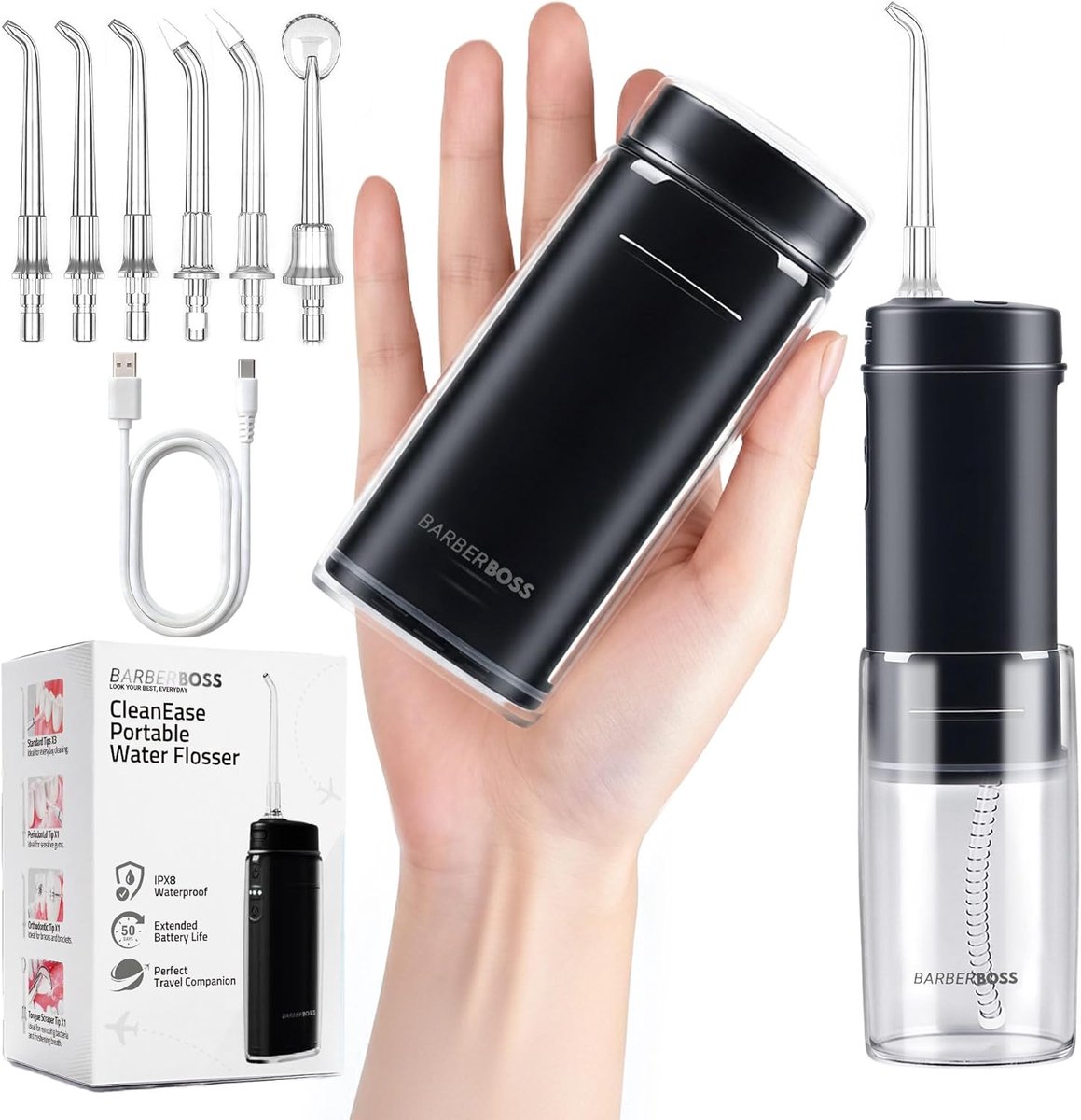SnelShoppen - Draadloze Water Flosser, Draagbare Mondirrigator, 3 Drukniveaus, 6 Tips, IPX8 Waterreservoir, USB-C Oplaadbare Pocket Flosser, Zwart