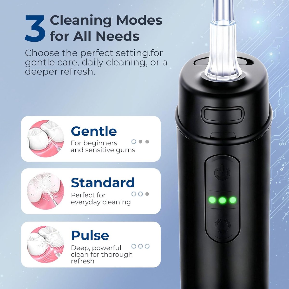SnelShoppen - Draadloze Water Flosser, Draagbare Mondirrigator, 3 Drukniveaus, 6 Tips, IPX8 Waterreservoir, USB-C Oplaadbare Pocket Flosser, Zwart thumbnail 3
