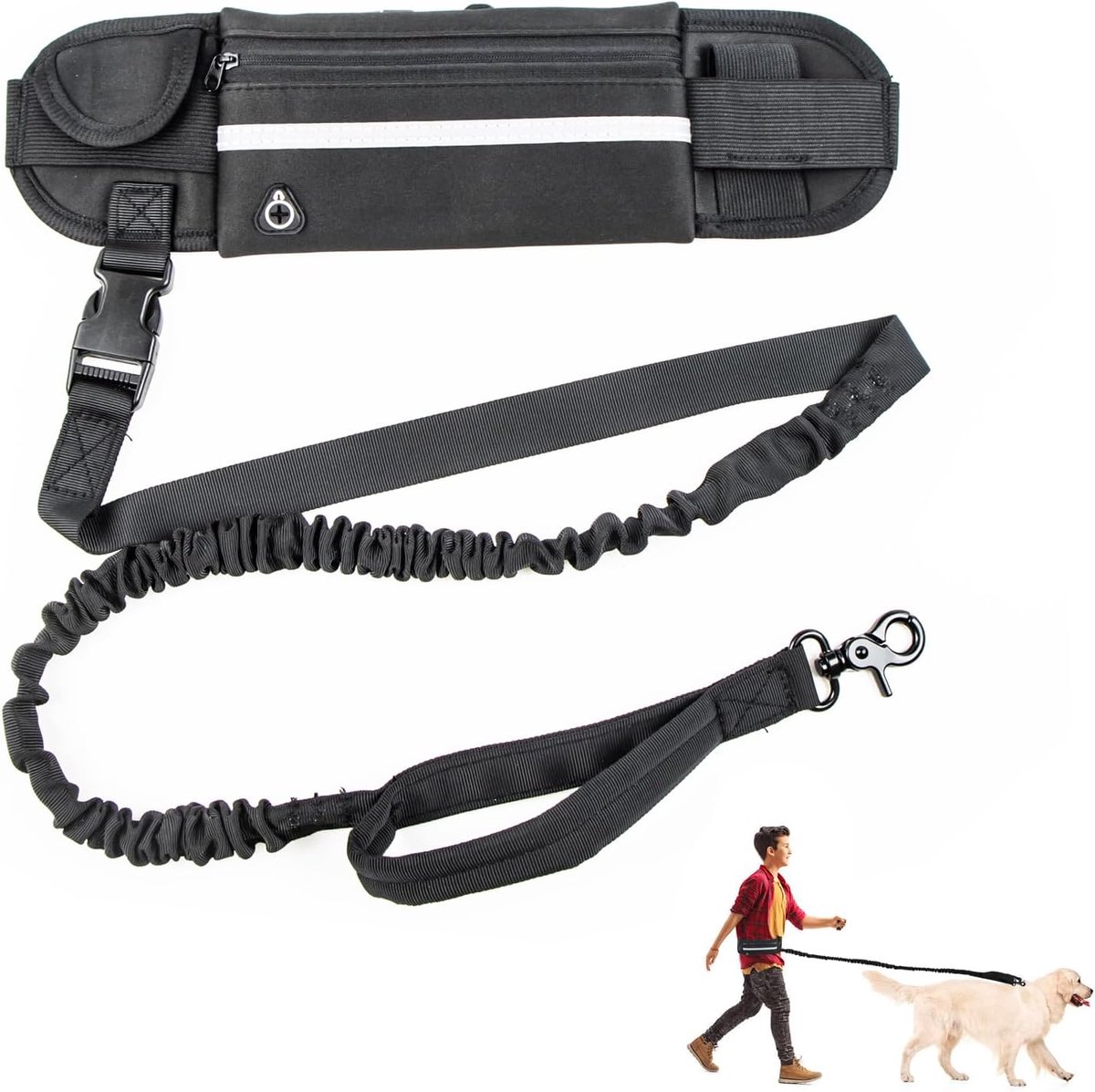 Thijox - Handsfree hondenriem verstelbaar met tailleband voor wandelen, hardlopen en joggen, zwart, sterke zinklegering, veilig en comfortabel